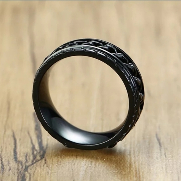 Black Stainless Steel Tire Texture Spinner Anxiety Fidget Ring - Picture 3 of 6